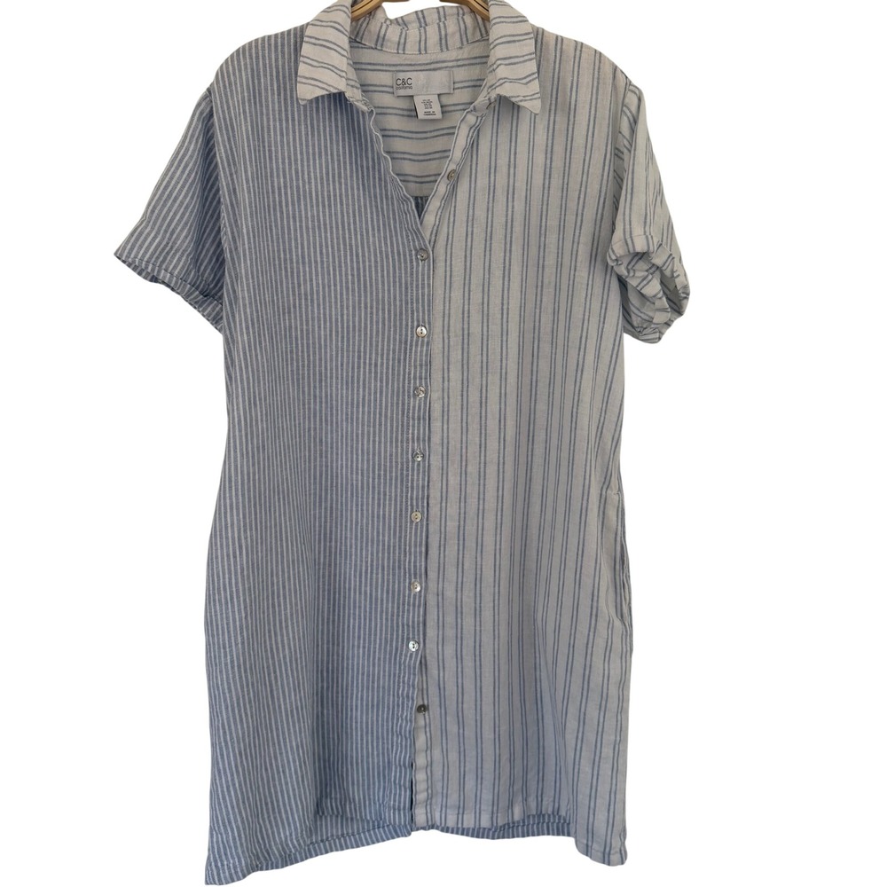 C&C California Womens Blue White Striped Linen Blend Button Front Shirt Dress M